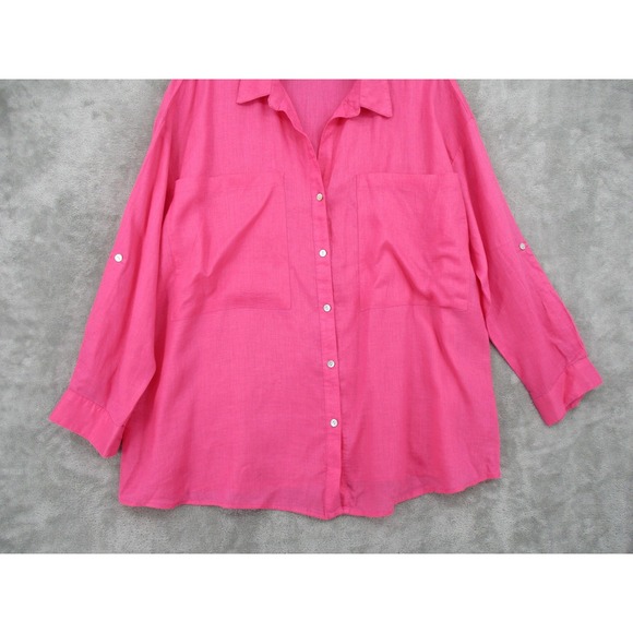 Magaschoni Blouse Womens Large Linen Button Up Oversized Long Sleeve Pocket Pink - Picture 4 of 9